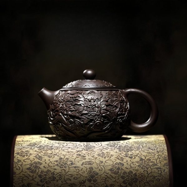 1-23.jpg Vintage Handmade Chinese Dragon Teapot Crafted From Black Gold Sand Clay With Carving Dragon Pattern