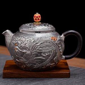 Antique Enamel Color Handcraft Sterling Silver Dragon Teapot With Carving Dragon And Phoenix Pattern