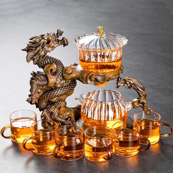 Antique Brown Traditional Year of the Dragon Chinese Tea Cup Set with Semi-Automatic Lazy Design