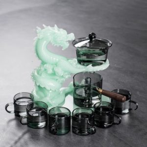Chinese Grey Jade Green Majestic Dragon Semi-Automatic Lazy Antique Kungfu Tea Cup Set