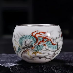 Hand-painted Cloud Dragon Sterling Silver liner Chinese Porcelain Kungfu Tea Cup