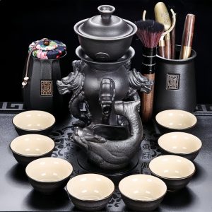 Ancient Sculptural Five Dragon Chinese Black Pottery Semi-Automatic Gongfu Tea Pot Set