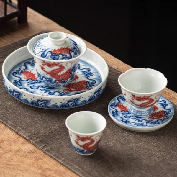 Graceful Traditional Luxury Chinese Blue and White Porcelain Antique Wave Tea Set