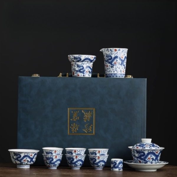 Vintage Elegant Chinese Blue and White Porcelain Dragon Phoenix Luxury Gongfu Tea Cup Set