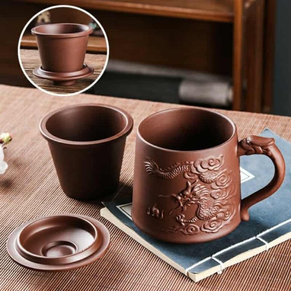 Authentic Hand-carved Yixing Purple Clay Dragon Tea Cup Mug with Infuser