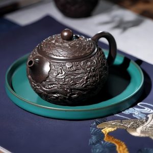 2-20.jpg Vintage Handmade Chinese Dragon Teapot Crafted From Black Gold Sand Clay With Carving Dragon Pattern