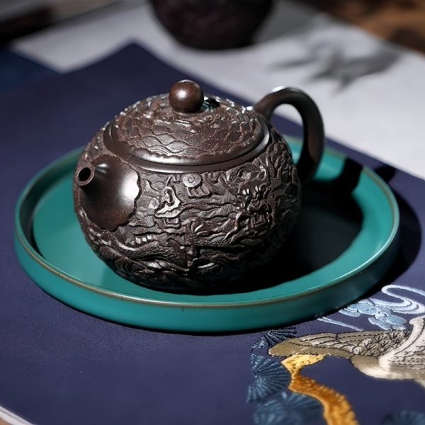 2-20.jpg Vintage Handmade Chinese Dragon Teapot Crafted From Black Gold Sand Clay With Carving Dragon Pattern