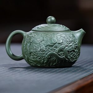 Handmade Chinese Vintage Yixing Clay Dragon Teapot With Green Auspicious Dragon Pattern