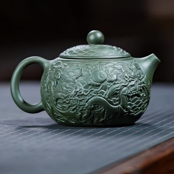 Handmade Chinese Vintage Yixing Clay Dragon Teapot With Green Auspicious Dragon Pattern