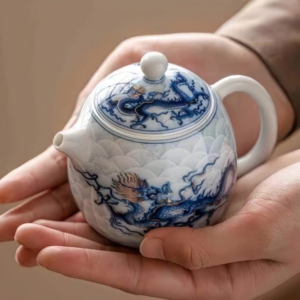 2-3-2.jpg Vintage Blue And White Porcelain Chinese Dragon Egg Shaped Teapot With Gold And Silver Inlay
