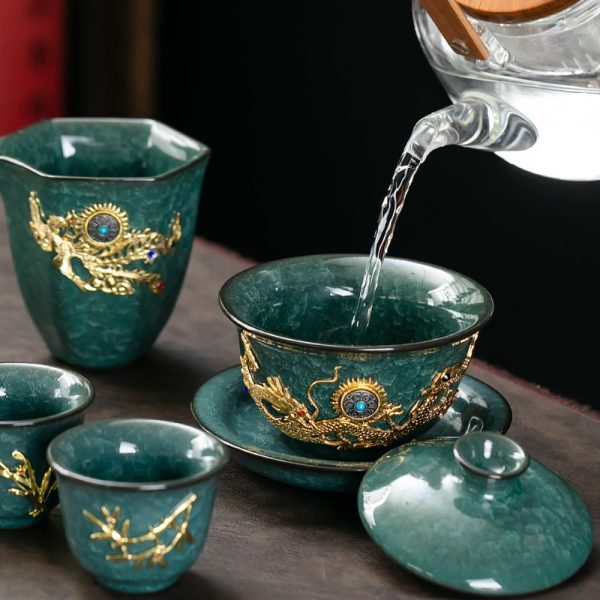 2-55.jpg Luxury Vintage Chinese Green Ice Crackle Glaze Gongfu Tea Pot Set with Gold Inlaid Jade Dragon and Phoenix