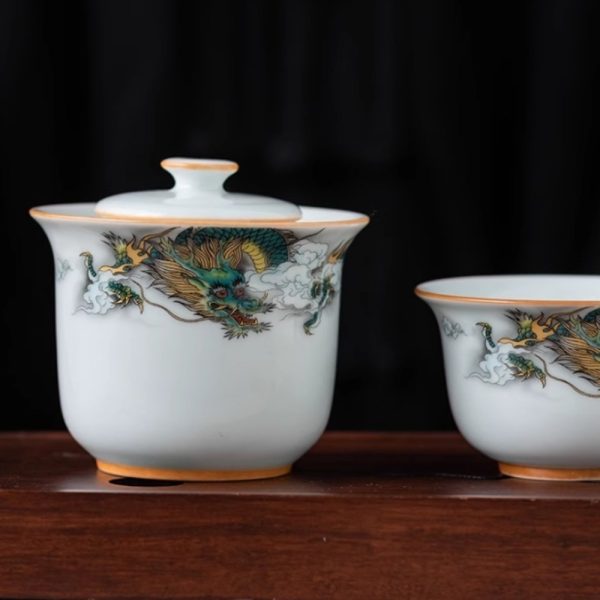 Antique Compact Ceramic Green Dragon Theme Travel Tea Set with Portable Bag