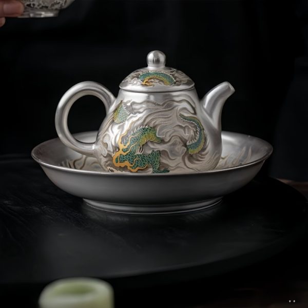 3-10-1.jpg Antique Chinese Green Dragon Silver Gilded Porcelain Pear-Shaped Teapot