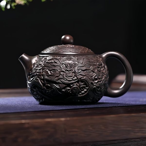 3-20.jpg Vintage Handmade Chinese Dragon Teapot Crafted From Black Gold Sand Clay With Carving Dragon Pattern