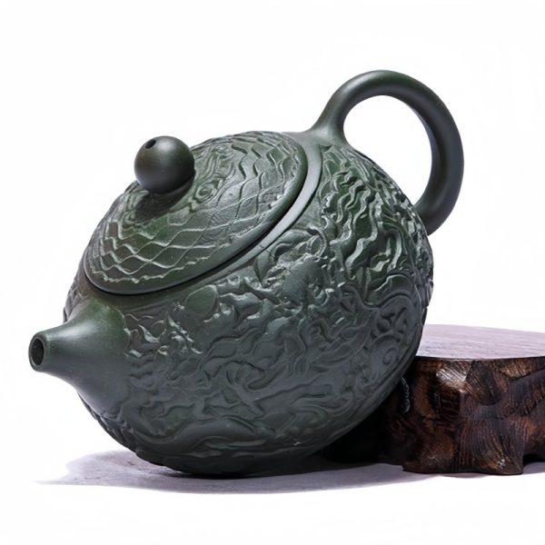 Handmade Chinese Vintage Yixing Clay Dragon Teapot With Green Auspicious Dragon Pattern