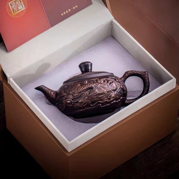 Vintage Purple Pottery Chinese Dragon Teapot Featuring Relief Auspicious Dragon Pattern