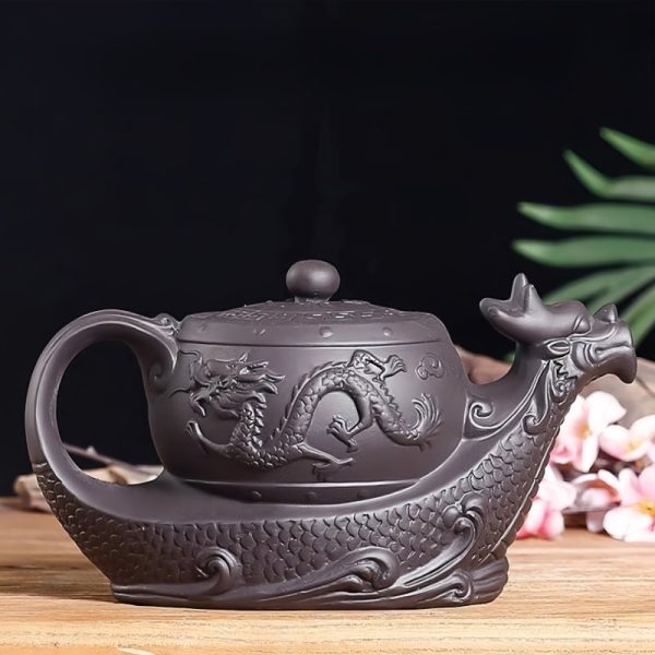 3-33.jpg Gongfu Teapot in Dragon Boat Shape with Strainer Crafted from Black and Brown Yixing Clay Chinese Design