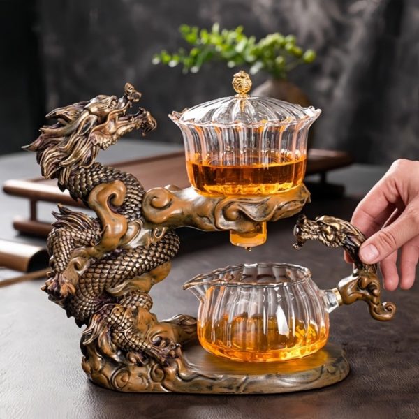 Antique Brown Traditional Year of the Dragon Chinese Tea Cup Set with Semi-Automatic Lazy Design