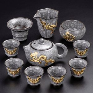 Classic Chinese Vintage Ice Crackle Glaze Black Porcelain Gongfu Tea Set with Elegant Gold Inlaid Jade Dragon