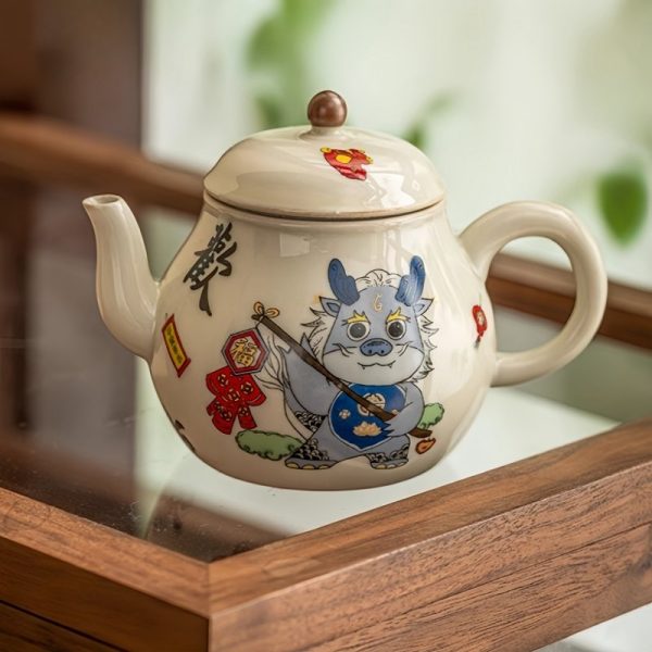 4-12-1.jpg Vintage Porcelain Pear-Shaped Dragon Teapot Featuring Cute Cartoon Dragon Pattern