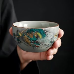 Antique Green Dragon Traditional Cracked Ceramic Chinese Gongfu Chawan Tea Cup