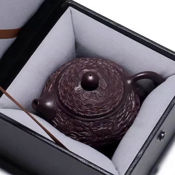 4-19.jpg Vintage Handmade Chinese Dragon Teapot Crafted From Black Gold Sand Clay With Carving Dragon Pattern