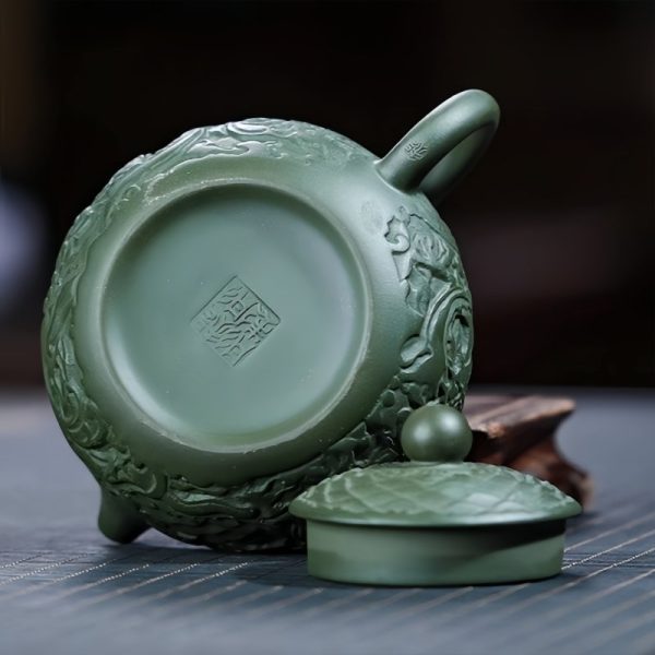 Handmade Chinese Vintage Yixing Clay Dragon Teapot With Green Auspicious Dragon Pattern