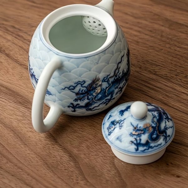 4-3-2.jpg Vintage Blue And White Porcelain Chinese Dragon Egg Shaped Teapot With Gold And Silver Inlay