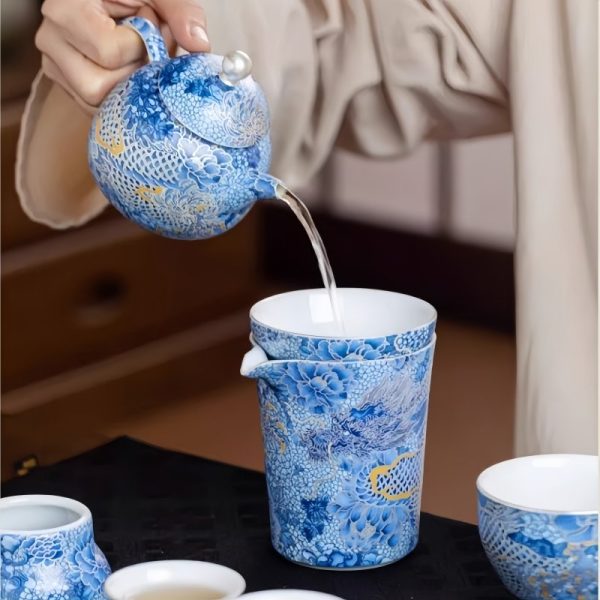 4-48.jpg Antique Luxury Blue Dragon Chinese Ceramic Gongfu Tea Pot Set with Wire Inlay Silver Gilt