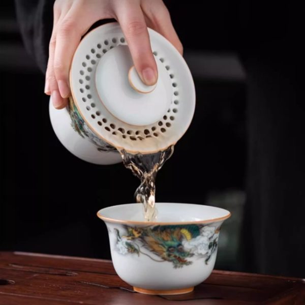 Antique Compact Ceramic Green Dragon Theme Travel Tea Set with Portable Bag