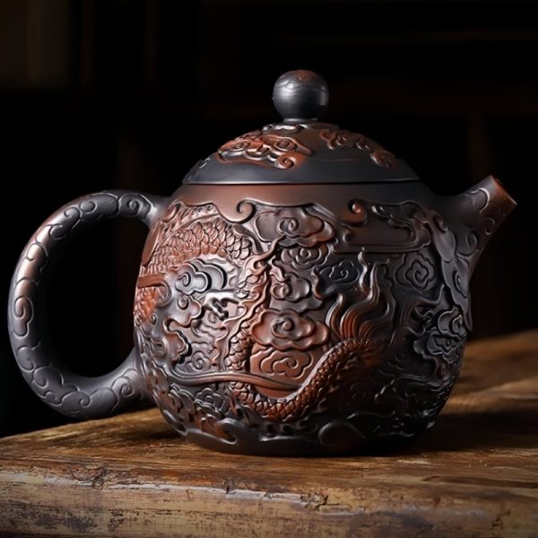 4-9-1.jpg Handmade Vintage Black Clay Pottery Chinese Dragon Egg Teapot With Relief Detailing