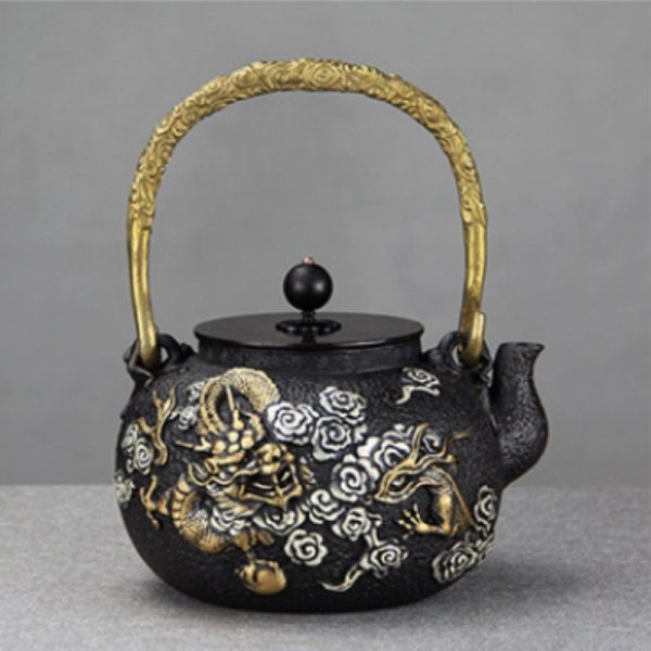 44-Fl-Oz-Gold-Dragon-and-Silver-Cloud-Antique-Asian-Cat-Iron-Teapot-1.jpg Antique Asian Gold Dragon and Silver Clouds Cast Iron Tetsubin Teapot