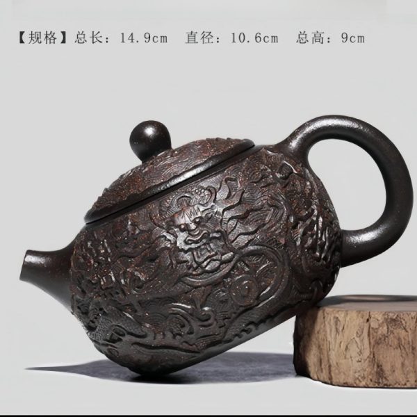5-21.jpg Vintage Handmade Chinese Dragon Teapot Crafted From Black Gold Sand Clay With Carving Dragon Pattern
