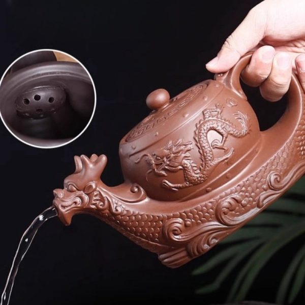 7-1-1.jpg Gongfu Teapot in Dragon Boat Shape with Strainer Crafted from Black and Brown Yixing Clay Chinese Design