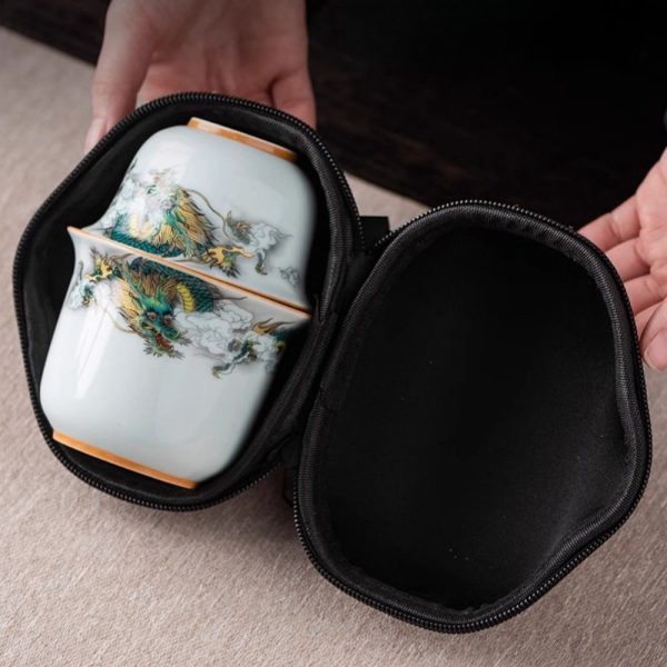 Antique Compact Ceramic Green Dragon Theme Travel Tea Set with Portable Bag