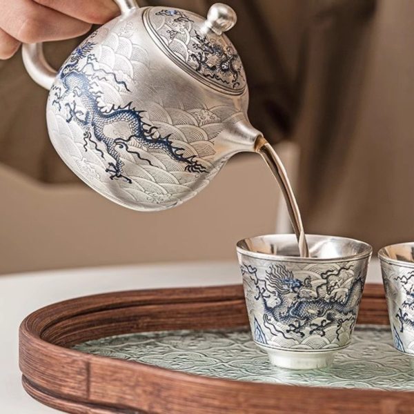7-9.jpg Antique Elegant Gilt Silver Tea Sets with Blue and White Porcelain Exclusive Dragon Pattern