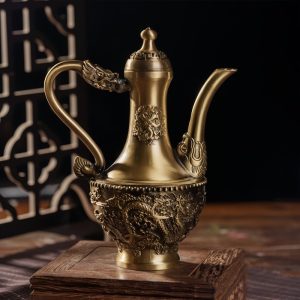 Ancient Tall Brass Teapot with Dragon and Phoenix Theme Handcrafted for Sale