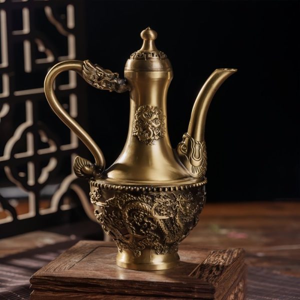 Ancient-Tall-Dragon-and-Phoenix-Theme-Handcrafted-Brass-Teapot-Antique-for-Sale-3.jpg Ancient Tall Brass Teapot with Dragon and Phoenix Theme Handcrafted for Sale