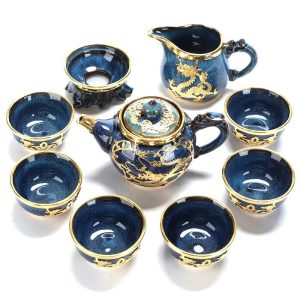 Porcelain Blue Glaze Inlaid with Gold Dragon Noble Luxury Chinese Ceremony Tea Set