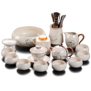 Ceramic Antique Inlaid Sterling Silver Dragon Traditional Luxury Chinese Export Tea Ceremony Set
