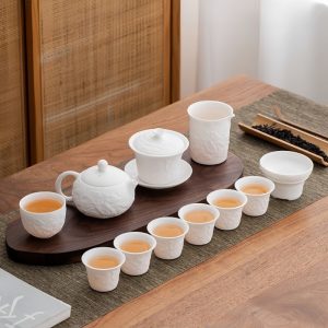 Luxurious Mutton Fat Jade White Porcelain Graceful Embossed Dragon Antique Chinese Tea Set