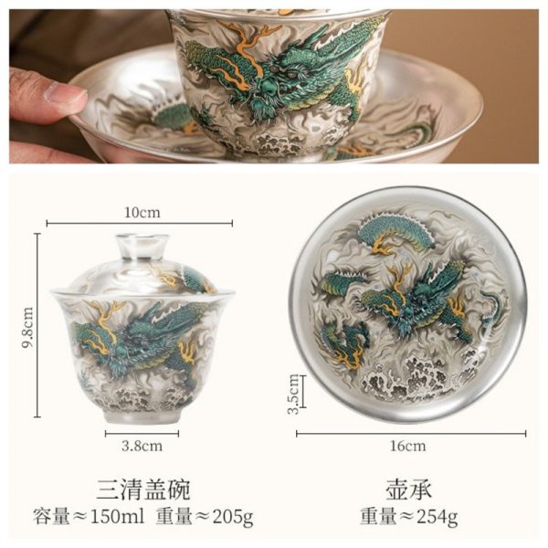 150ml Fine Silver Glaze Mighty Green Dragon Porcelain Gaiwan Teapot