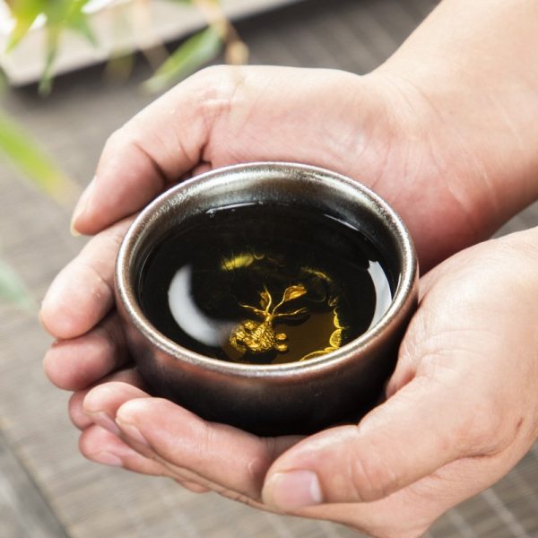 Golden-Gilded-Dragon-and-Fish-Jian-Zhan-Pottery-Tea-Cup-4.jpg Inlaid Golden Dragon Classic Tenmoku Jian Zhan Pottery Tea Cup