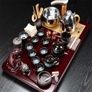 Pixiu Themed Gongfu Tea Set with Jianzhan Cups and Red Wooden Tea Tray