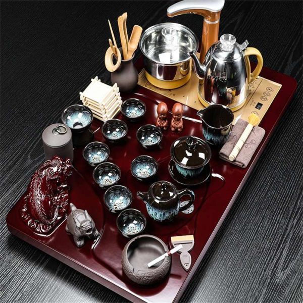 Jianzhan-Gongfu-Tea-Set-03.jpg Pixiu Themed Gongfu Tea Set with Jianzhan Cups and Red Wooden Tea Tray