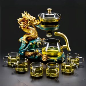 Creative Golden Dragon Green Flame Lazy Semi Auto Glass Tea Set