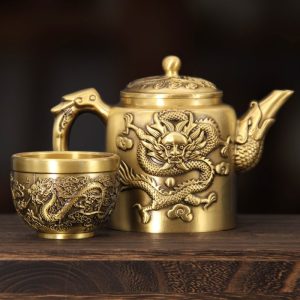 Luxurious Antique Brass Teapot with Embossed Dragon and Phoenix Lid for Sale