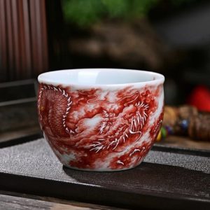 Vintage Alum Red Underglaze Painting Dragon Chinese Chawan Gongfu Tea Cup