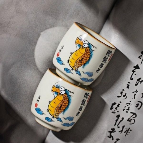 Hand Draw Ugly Cute Fat Dragon Creative Beige Ceramic Kung Fu Tea Cup