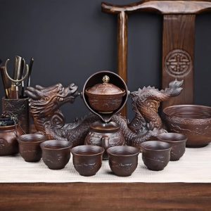 Antique Lazy Chinese Semi-Automatic Majestic Dragon Brown Ceramic Kungfu Tea Cup Set